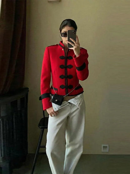 Women Woven Patchwork Crop Jacket Shoulder Pad Frog Button Long Sleeve Street Slim Paneled Blazer 2026 Spring Chic Napoleon Coat