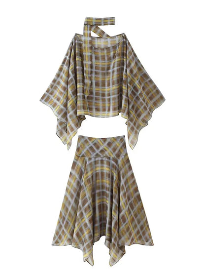 Women's Plaid Cape Top & Asymmetric Skirt Options