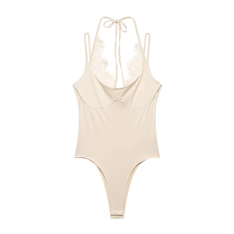 Women's Bodysuit 2026 New Fashion Spring Summer Brown Spliced Lace Bodysuit for Women Chic Personality Spaghetti Strap Bodysuit