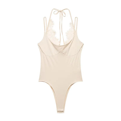 Women's Bodysuit 2026 New Fashion Spring Summer Brown Spliced Lace Bodysuit for Women Chic Personality Spaghetti Strap Bodysuit