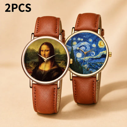 Van Gogh Painting Dial Watches for Women Men Metal Case Leather Strap Quartz Watches Artwork The Starry Night Woman Watches Gift