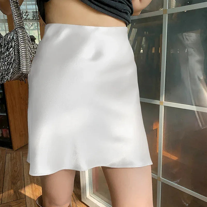 Satin Silk Short Skirt Women's Summer 100% Mulberry Silk Drape Skirt Elastic High Waist Slim Fit Hip Wrap A Word Skirt