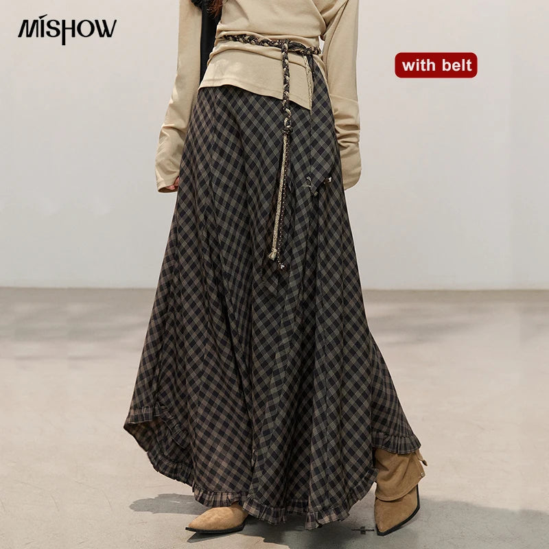 MISHOW Women's Plaid Ruffle Hem Midi Skirt with Belt 2026 Summer High Waist A-Line Skirt Loose Fit Vintage Long Skirt MXF14B2483