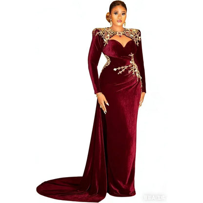 Vintage Black Velour Mermaid Evening Dresses Pretty Appliques Flowers Beaded Aso Ebi Formal Party Gown With Train Cocktail Dress