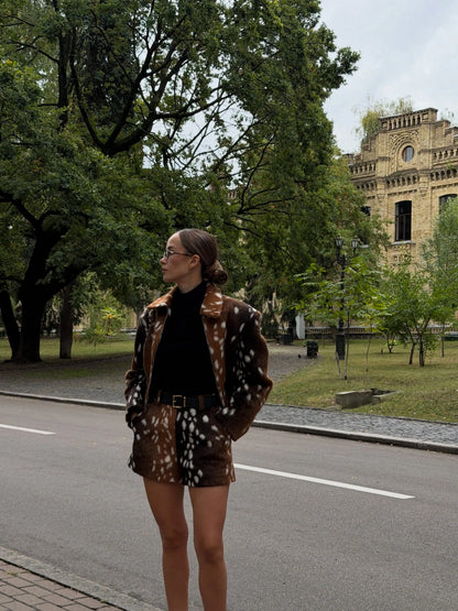 Retro Faux Fur Deer Spotted Skirt Set Lady Lapel Zip High Waist Animal Print Warm Cropped Jacket Set Fall Winter Matching Outfit