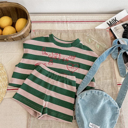 deer jonmi 2026 Summer Korean Style Unisex Kids Striped Outfits Embroidery Loose Tops Shorts 2pcs Toddlers Kids Clothing Sets