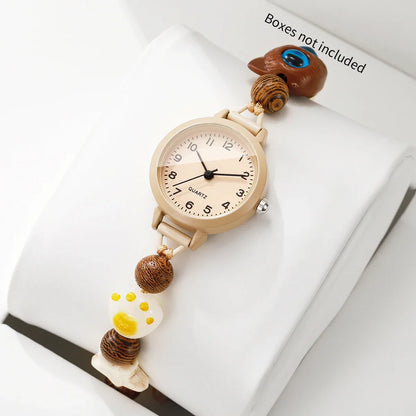 Fashion Round Dial Women Quartz Watch Lovely Beaded Bracelet Strap Wristwatches Relogio Feminino Girls Clock Gift (Without Box)