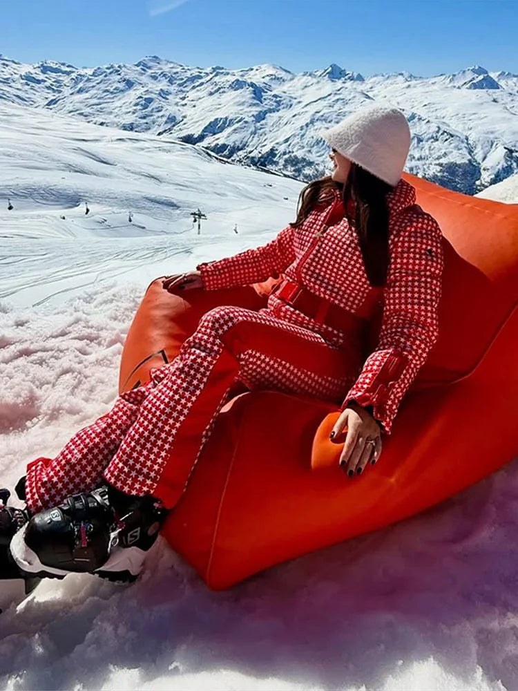 Fur-Trimmed Hooded Belted Ski Suit Slim Windproof Water-Resistant Long Sleeve 2025 Winter Fashion Women Fashion Snow Bodysuit