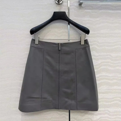 Women's High Waist Sheepskin Leather Mini Skirt Front Zipper Elegant Office Chic Skirt Autumn Fashion 2026