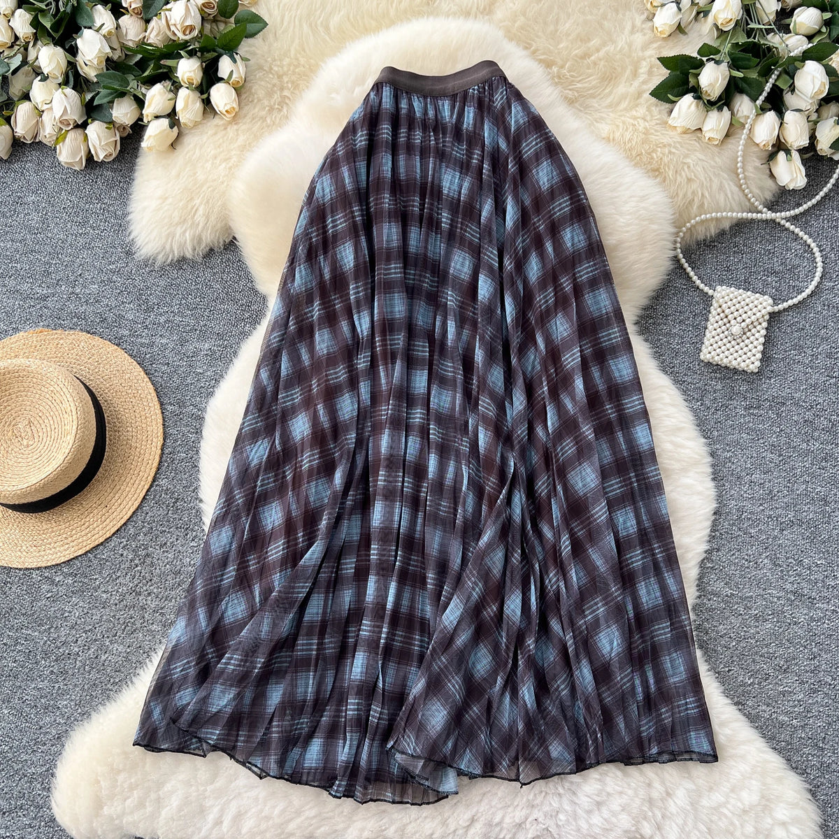 High Waist A-Line Midi Skirt Women's Plaid Elastic Waist Slimming Skirts Commute Korean Style Standard Fit Polyester Fiber