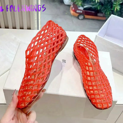 Design Mesh Jelly Shoes Hollow Round Toe Beach Shoes Comfy Fashion Transparent Sandals Women Summer New Weave Flat Jellies Shoes