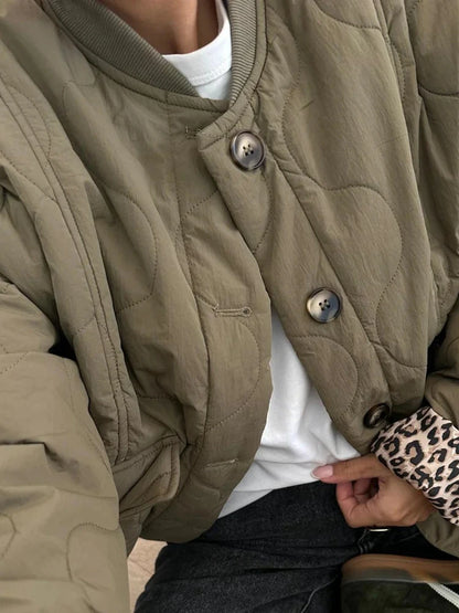HH Female Autumn Casual Quilting Cotton Jacket Long Sleeve Single Breasted Solid With Pockets Winter Vintage Loose Warm Coat
