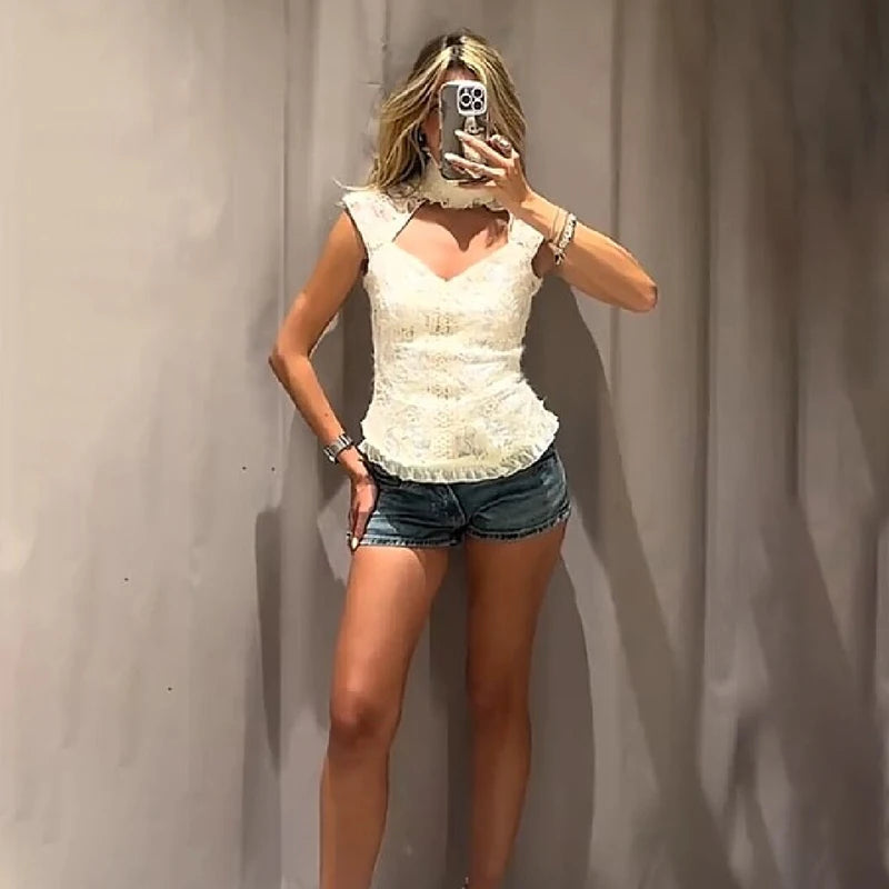 Elegant High Neck Cutout Lace Tank Tops Women Sleeveless Open Back Ruffles Hem Slim Ivory Floral Blouse 2026 New Daily Date Wear
