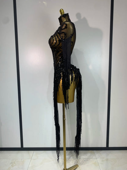 Sparkly Rhinestones Sequins Fringes Birthday Celebrate Evening Dress Women Sexy Mesh Transparent Dance Costume Photo Shoot Wear
