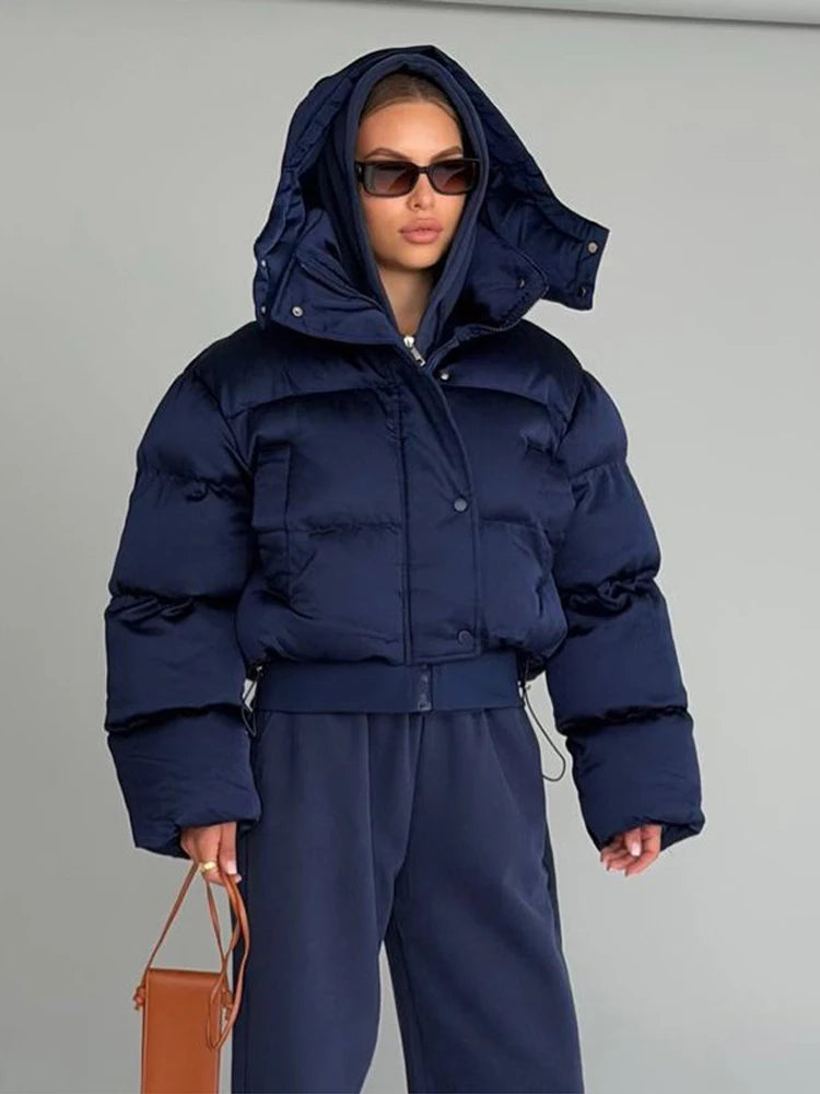 Women's Padded Jackets Hooded Stand Collar Zipper Cropped Coats Winter Female Lantern Sleeves Solid Loose Jacket New Outerwears