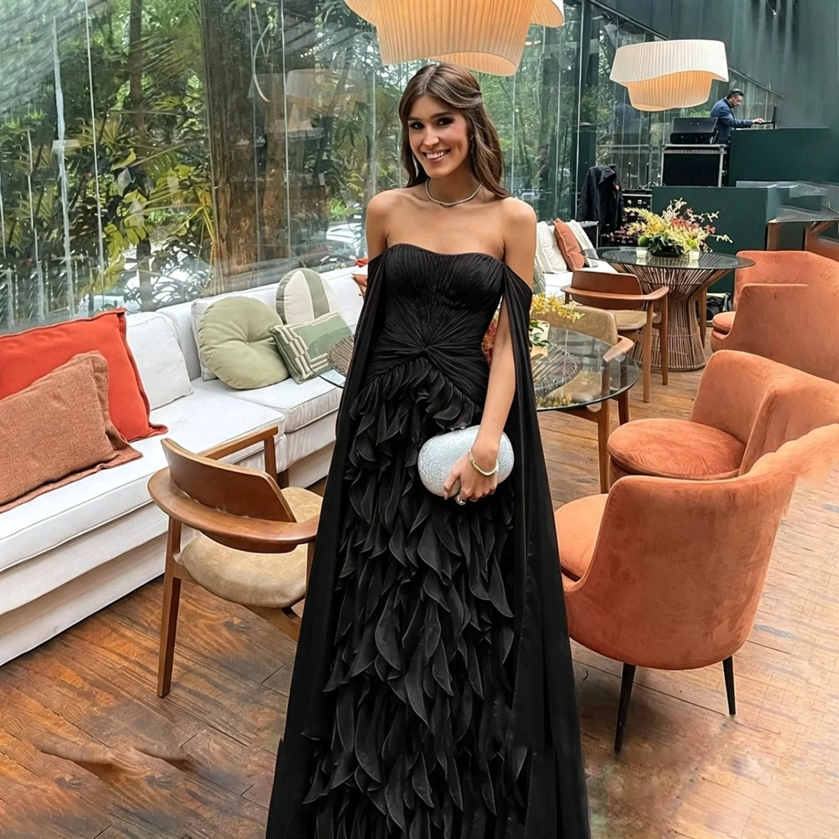 Luxury Red Strapless Formal Evening Dresses Chiffon Ruffled Skirt With Flowing Cape Sleeves Floor Length Wedding Guest Prom Gown
