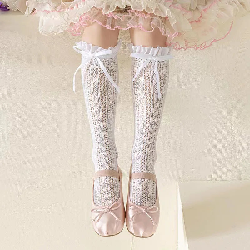 Girls Long Tube Lace Stockings Sweet Bow Jacquard Pattern Mesh Sock Baby Girl Ballet Fishing Net Frilly Socks Lolita Leggings