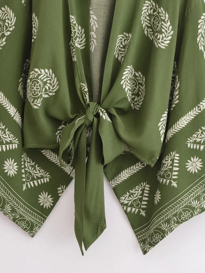Vintage Women Fashion Boho Kimono Short Robe Swimsuits Floral Print Batwing Sleeves Bohemian Bikini Cover-Ups Beachwear