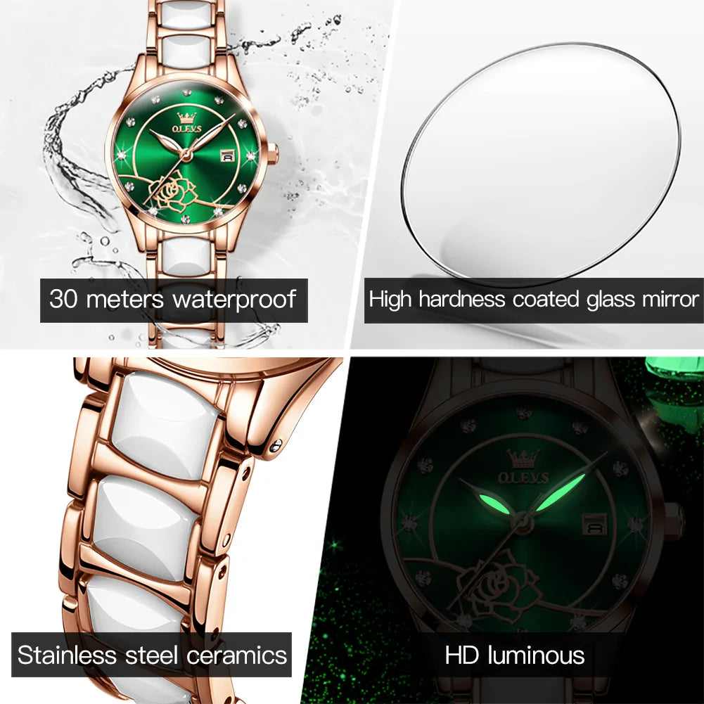 OLEVS Ladies Watch Ceramic Strap Elegant Fashion Luxury Waterproof Luminous Quartz Watch For Women Valentine's Day Present 3606