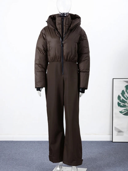 Fashion Hooded Women's Skiwear Jumpsuits Stand Collar Zipper Long Sleeve High Waist Cotton Jumpsuit 2026 Winter Warm Romper