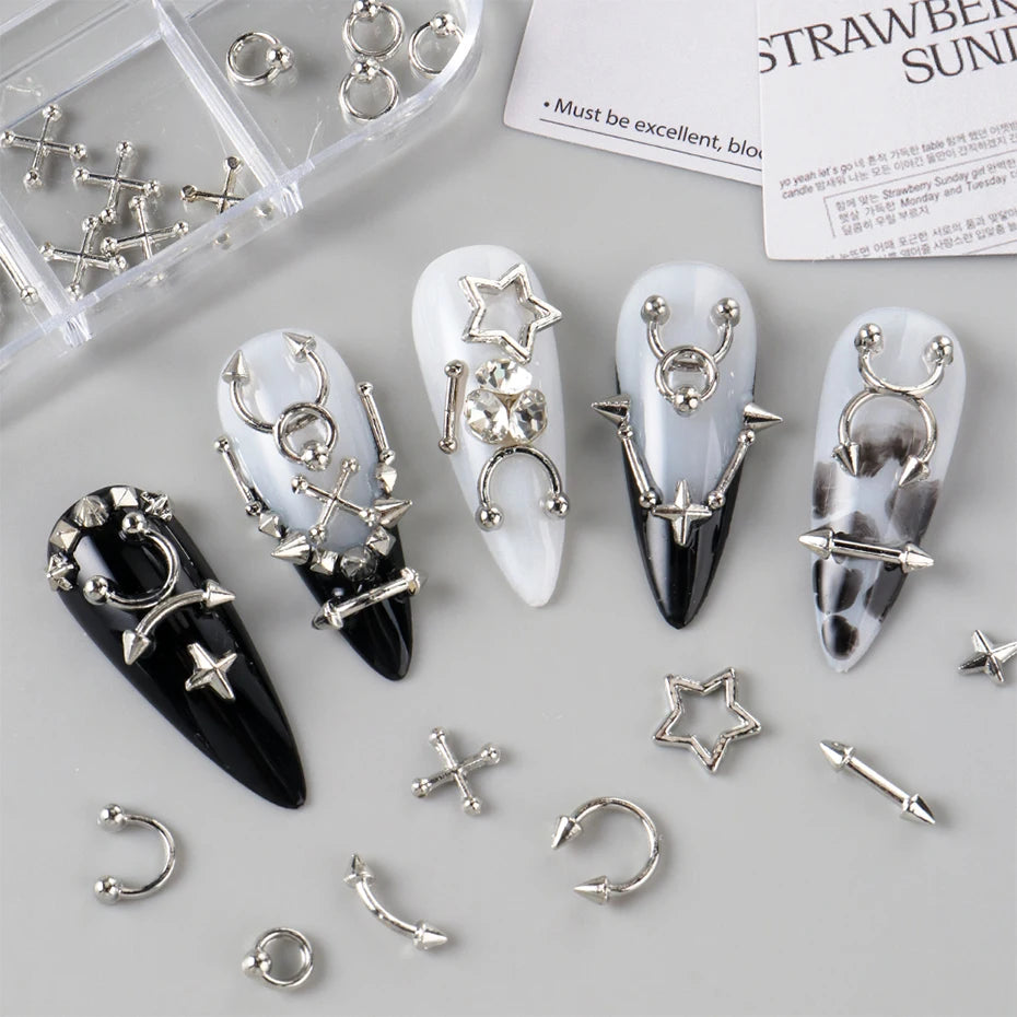 12 Grids Punk Silvery Golden Rivets Style Nail Charms Y2K Metal Golden Pierced Rivets Solid Nail Art Decoration Nail Accessories