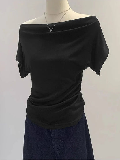 Summer One Shoulder Black Women's T-shirt Short Sleeve Korean Style Slimming Top Exposed Shoulder Fashionable