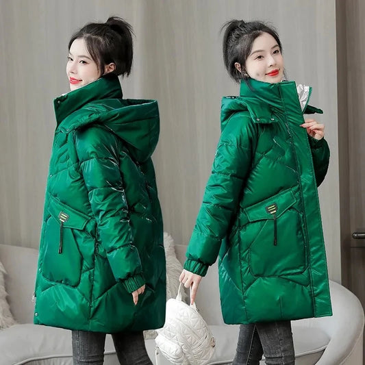 Women's Glossy Hooded Long Coat