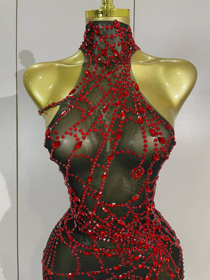 New Sparkly Diamonds Sexy Mesh Asymmetric Stretch Mini Dress Women Nightclub Bar Party Show Gogo Dancer Halloween Stage Costume