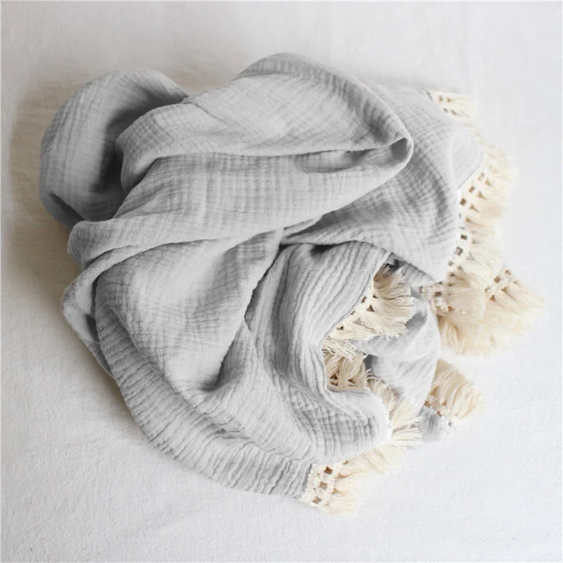 Summer Air Conditioning Blanket, Baby Stroller Cover, Double-Layer Crinkle Gauze, Infant Fringe Blanket, Pure Cotton Muslin, Chi