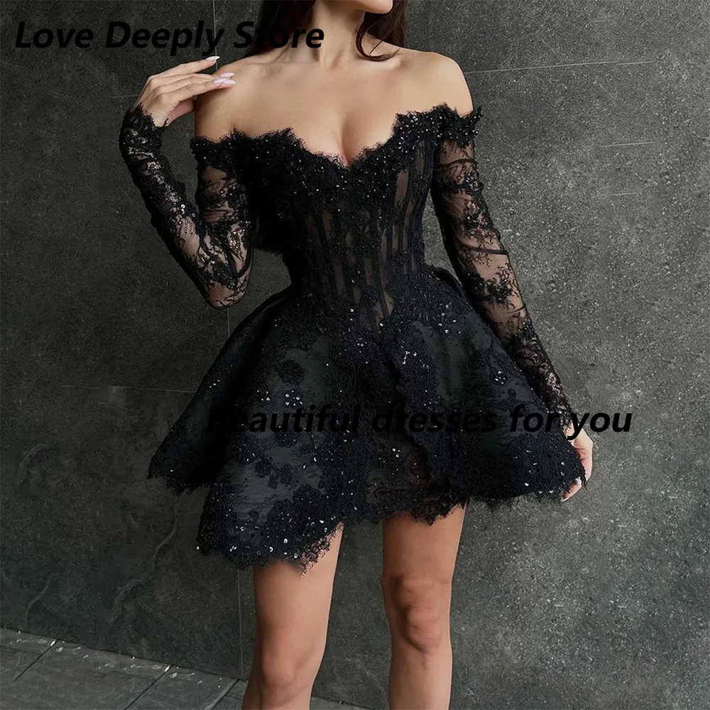 Black Lace Mini Cocktail Dresses for Woman Customized Sweetheart Neck 3/4 Sleeves Beading Luxury Prom Party Gowns 2026