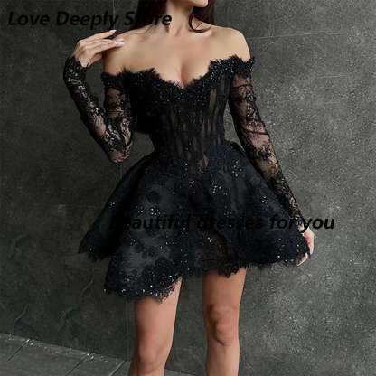 Black Lace Mini Cocktail Dresses for Woman Customized Sweetheart Neck 3/4 Sleeves Beading Luxury Prom Party Gowns 2026