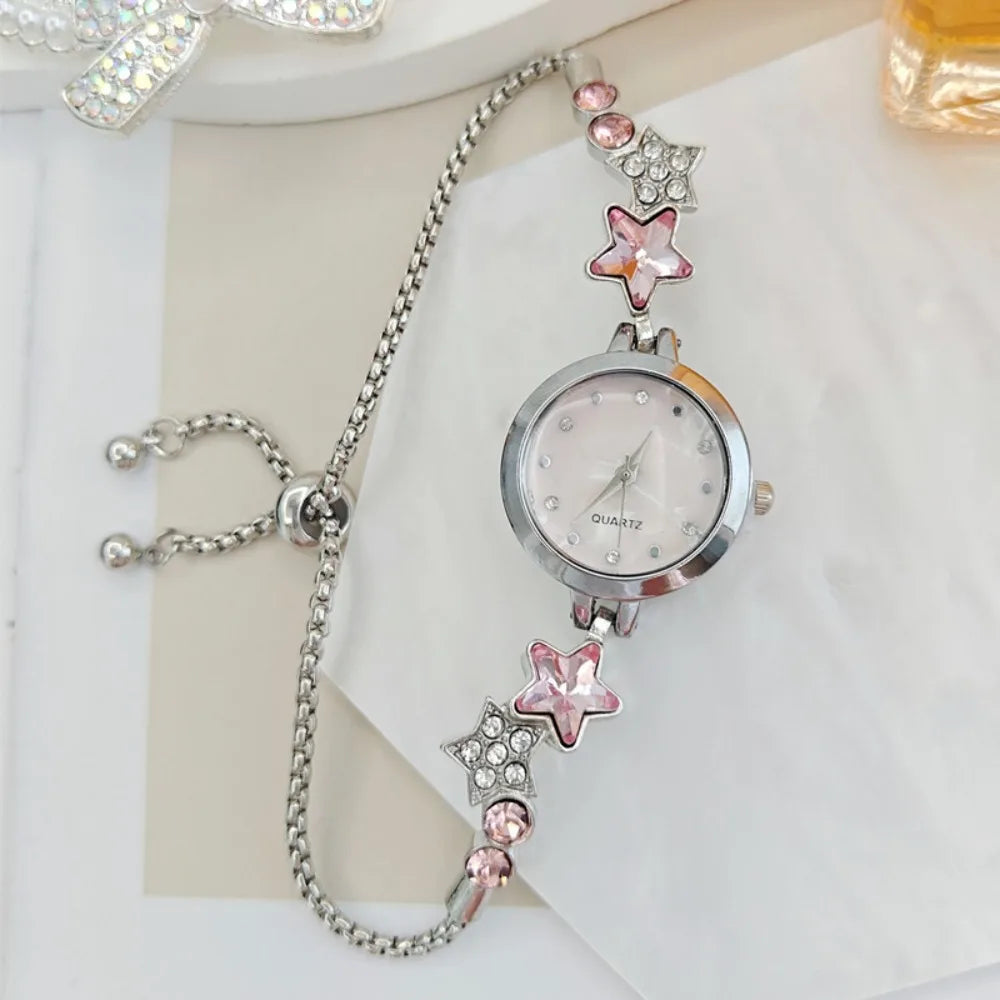 Fashion Adjustable Bracelet Watch Rhinestone Alloy Quartz Watch Star Chain Watch for Women Girls