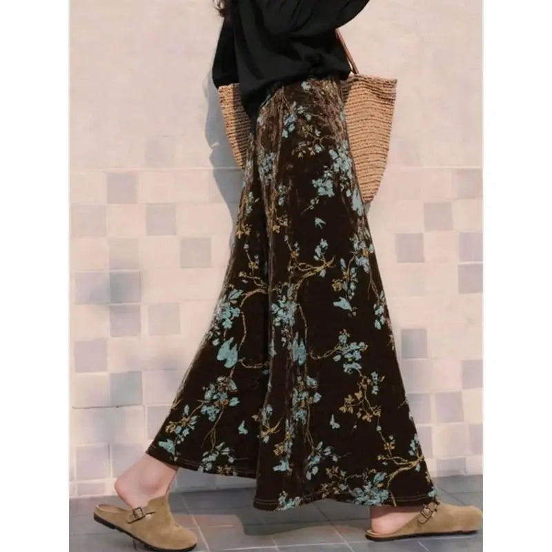 Floral Print Velvet Skirt Women's Clothing Vintage Saia 2026 Faldas Mujer De Moda Korean Chic Jupe High Waist A-line Long Skirts