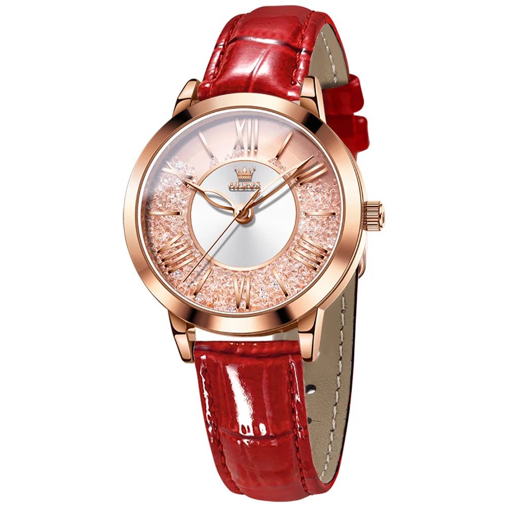 OLEVS Original Pink Leather Watch for Women Elegant Quartz Movement Waterproof Vintage Classic Watch Relojes para Mujer 5539