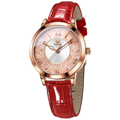 OLEVS Original Pink Leather Watch for Women Elegant Quartz Movement Waterproof Vintage Classic Watch Relojes para Mujer 5539