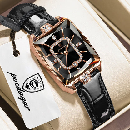 POEDAGAR Top Elegant Women Wristwatch Date Waterproof Leather Rectangle Woman Watch Luxury Original Women's Quartz Watches Reloj
