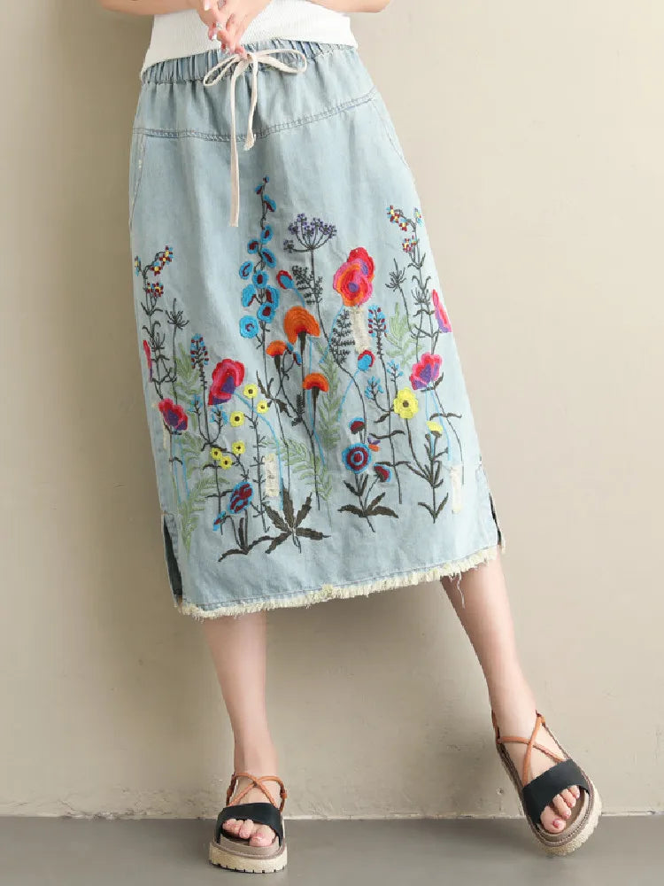 Women's Floral-Embroidered Denim Skirt