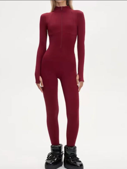 Chic Black Stand Collar Skiwear Women Cause Full Sleeve Waist Cinching High Waist Slim Jumpsuit 2026 Lady Winter Warm Outfit New