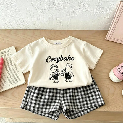 Cartoon T Shirt Plaid Shorts 2Piece Set Summer Clothing Short Sleeve Shorts Cute Printed Tees All-match Shorts Kids Costume