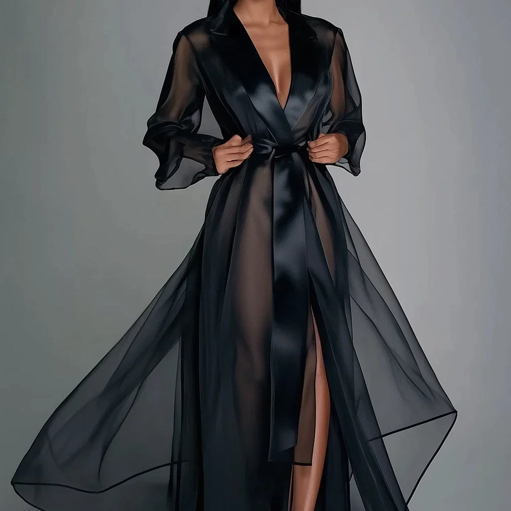 Organza See-Through Long Sleeve Lace Up Robe Maxi Dress Elegant Vintage Sexy V-Neck Sheer Mesh Split Hem Casual Maxi Dresses