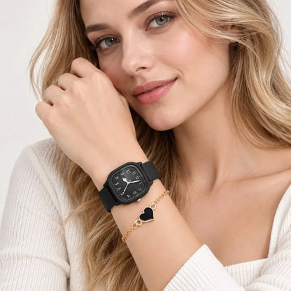 2PCS/Set Square Dial Women Quartz Watch Silicone Strap Quartz Movement Women Watch Heart Bracelet Arabic Dial Watch Women Girl