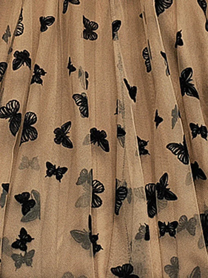Butterfly Flocking Tulle Long Skirt Women Aesthetic Casual A Line Elastic High Waist Midi Mesh Skirt Female Black