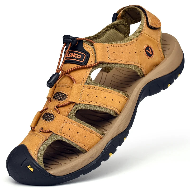 CLOHOO Men's Sandals Handmade Thick Bottom Rubber Breathable Casual Slip-On Beach Shoes Leather Upgraded Version