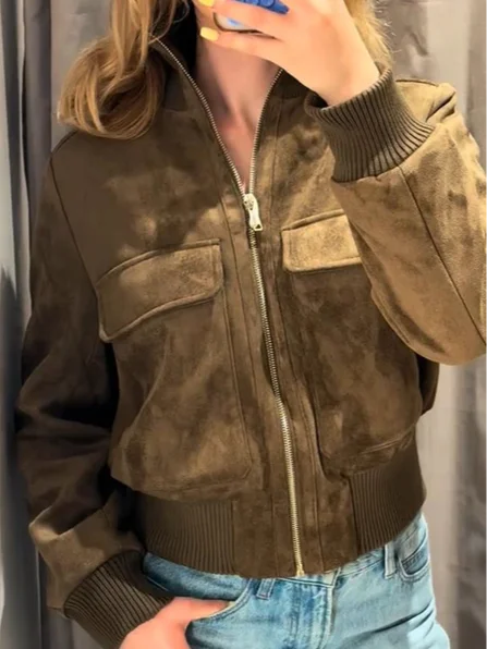 Women's Cropped Bomber Jacket Stand Collar Zipper Patch Pocket Rib Trim Long Sleeve Short Coat Vintage 2026 Autumn Casual Outfit