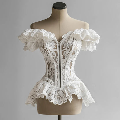 French Corset Women's Blouse Lace Ruffle Off Shoulder Zip Up Tube Tops Bustier Overbust Waist Slimming Strapless Tube Female Top