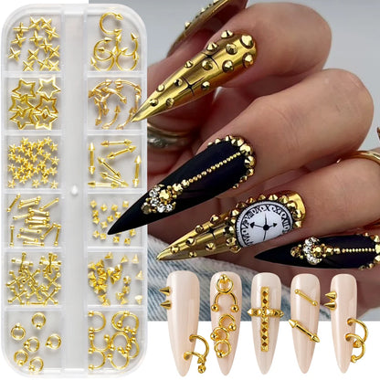 12 Grids Punk Silvery Golden Rivets Style Nail Charms Y2K Metal Golden Pierced Rivets Solid Nail Art Decoration Nail Accessories