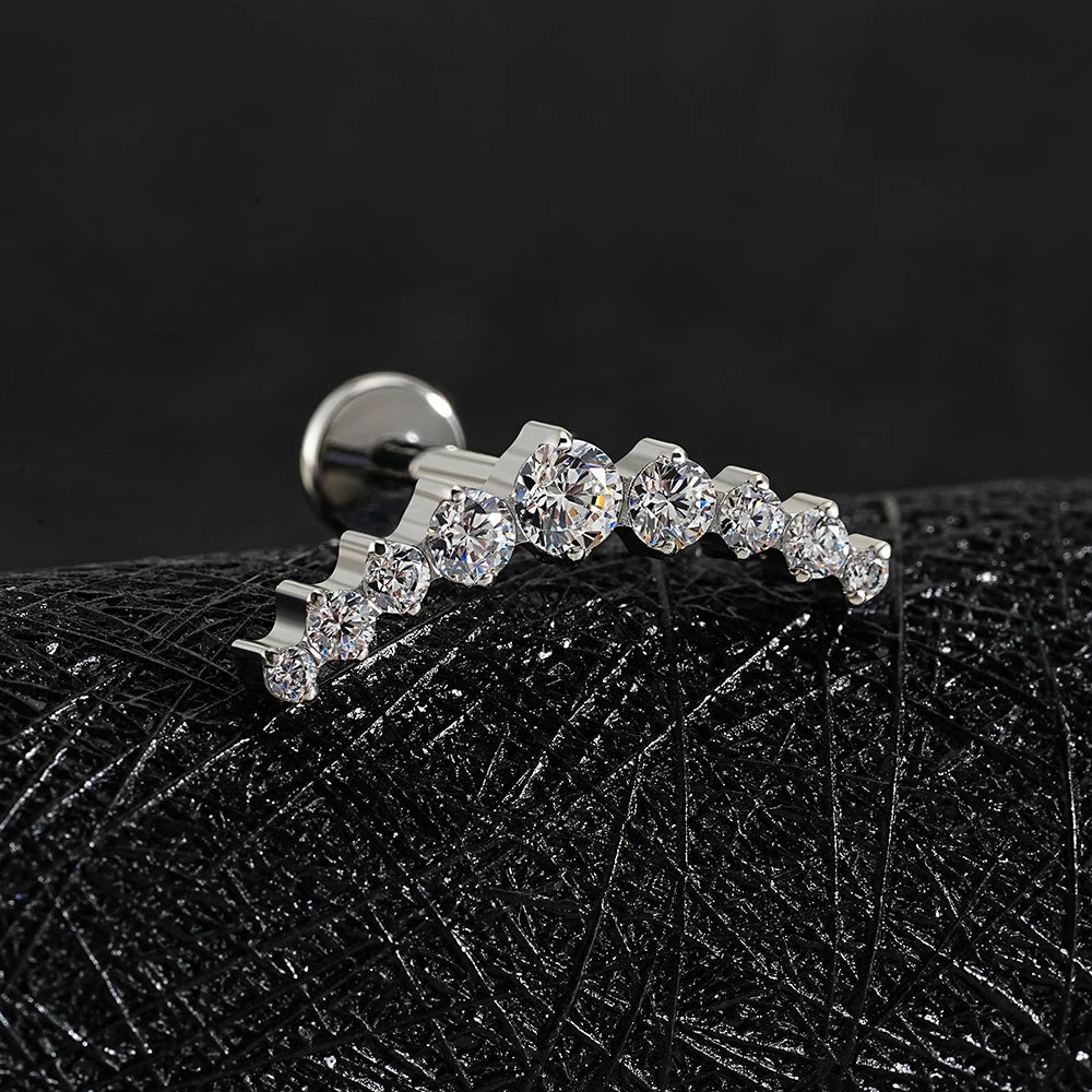 Right Grand ASTM F136 Titanium Arc CZ Cluster Labret Curved Bar Flat Back Stud Earring Helix Cartilage Conch Piercing Jewelry