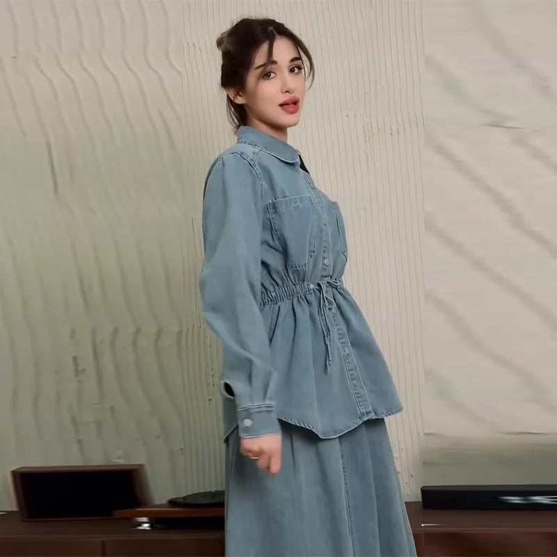 Denim 2 Piece Sets Women Muslim Shirt Coat Skirts Outfits Single Breasted Turn Down Collar Pockets Long Skirts Overshirt Suit