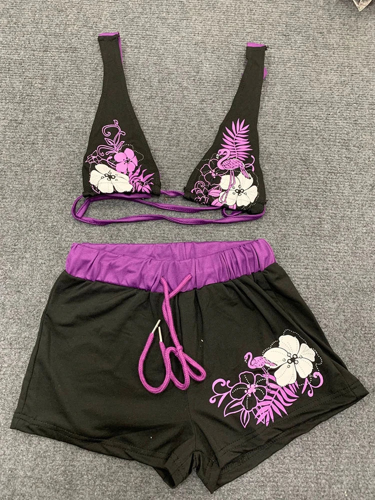 Y2K Summer Dopamine Contrast Sexy Beach Vacation Bikini Suit Spice Girl Strap Flower Print Navel Split Two Piece Shorts Bra Suit