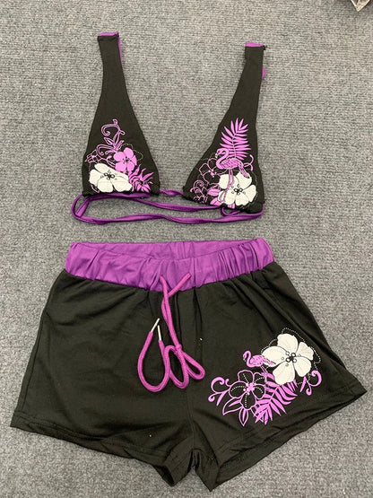Y2K Summer Dopamine Contrast Sexy Beach Vacation Bikini Suit Spice Girl Strap Flower Print Navel Split Two Piece Shorts Bra Suit